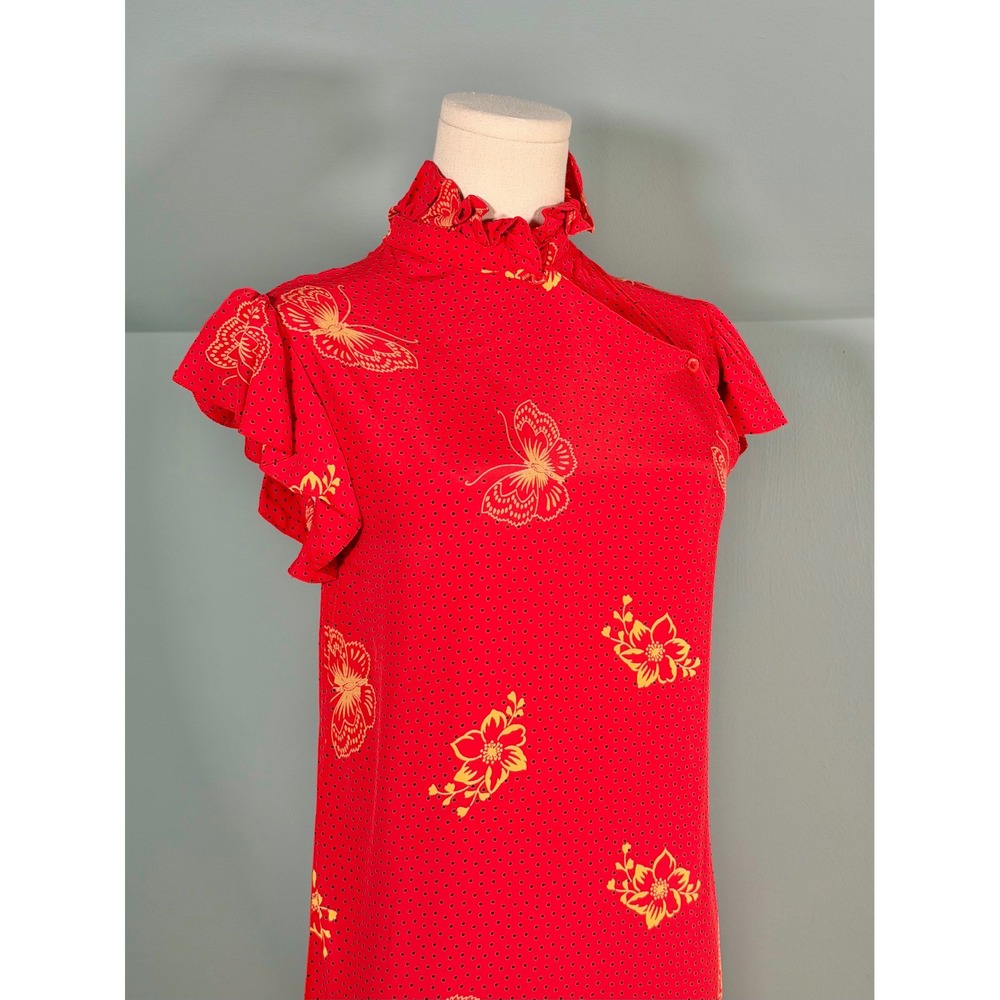 Vintage 1970s Red Dress Butterfly Polka Dot Cheongsam Qipao 70s Shift Large - Picture 5 of 9